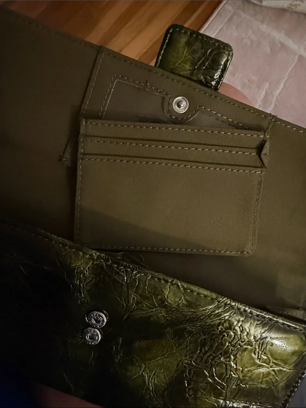 Olive Green Croc-Embossed Wristlet Clutch